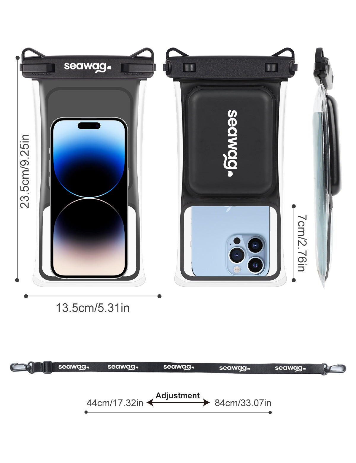 Dimensions de la pochette étanche smartphone Seawag PRO avec cordon ajustable